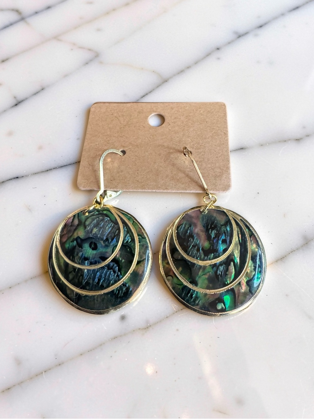 Gold-Trim Blue Abalone Disc Drop Earrings